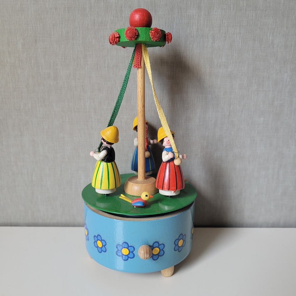 Vintage Wooden Maypole Music Box Liechtensteiner Polka Blue Folk Art Carousel